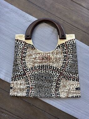 Motivi Wooden Handle Tote Bag | Boho Patchwork Print Handbag | Y2K Vintage Style